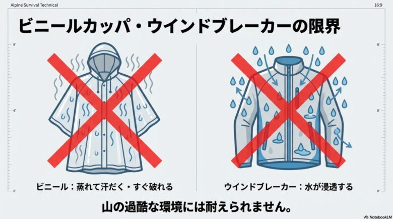 蒸れて汗だくになり破れやすいビニールカッパと、水が浸透してしまうウインドブレーカーには赤い×印がつけられ、山の過酷な環境には耐えられないことを示している。