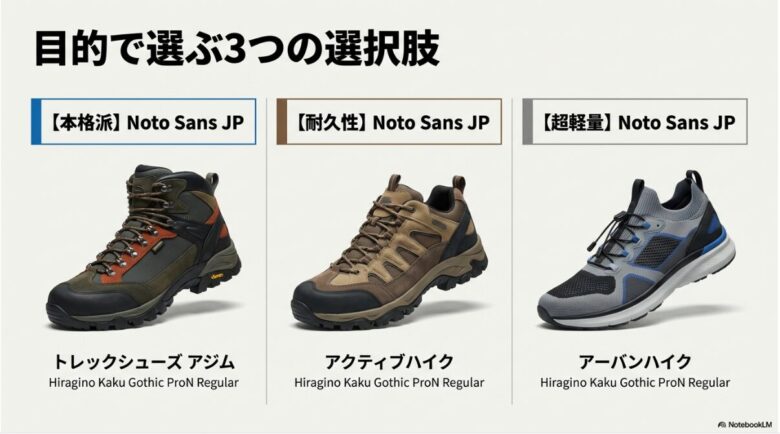 トレックシューズアジム、アクティブハイク、アーバンハイクの3種類のシューズの画像と、本格派・耐久性・超軽量というそれぞれの特徴