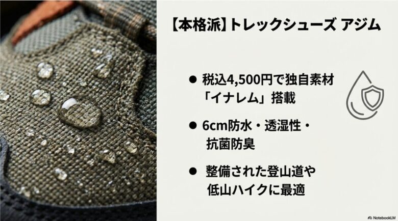 トレックシューズアジムの紹介。税込4,500円、独自素材イナレム搭載、6cm防水、透湿、抗菌防臭などのスペック