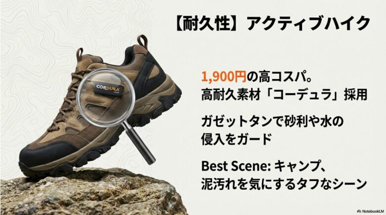 アクティブハイクの紹介。1,900円、高耐久素材コーデュラ採用、砂利や水の侵入を防ぐガゼットタン構造、キャンプに最適