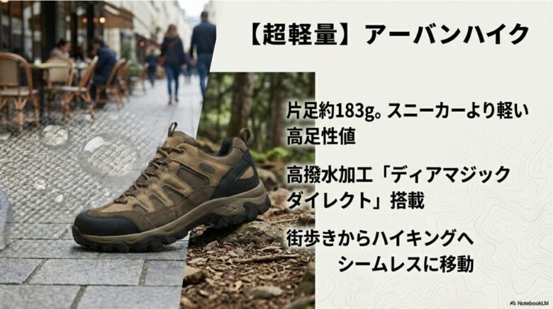 アーバンハイクの紹介。片足約183gの超軽量、高撥水加工「ディアマジックダイレクト」搭載、街歩きとシームレスに移動可能
