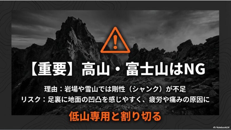 重要。高山・富士山はNG。岩場や雪山では剛性が不足し、足裏に凹凸を感じやすく疲労や痛みの原因になるため、低山専用と割り切る