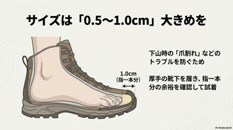 サイズは0.5から1.0cm大きめを。下山時のトラブルを防ぐため、厚手の靴下を履き指一本分の余裕を確認する図解