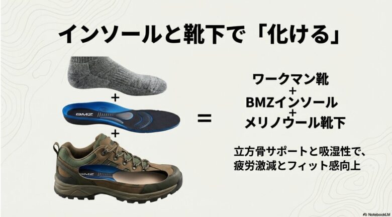 ワークマン靴にBMZインソールとメリノウール靴下をプラスすることで、立方骨サポートと吸湿性により疲労激減とフィット感が向上する図