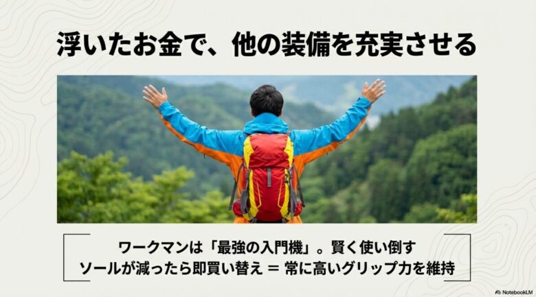 浮いたお金で他の装備を充実させる。ワークマンは最強の入門機。ソールが減ったら即買い替えることで高いグリップを維持