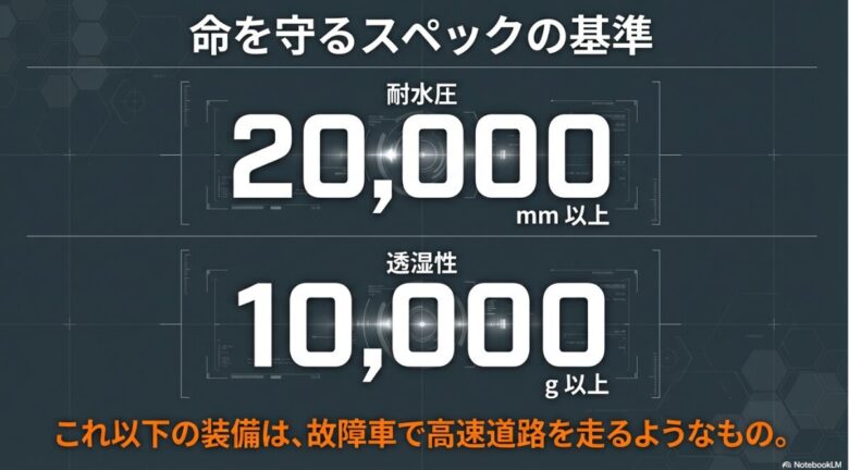 耐水圧20,000mm以上、透湿性10,000g以上の基準値。これ以下の装備は故障車で高速道路を走るようなものだという警告