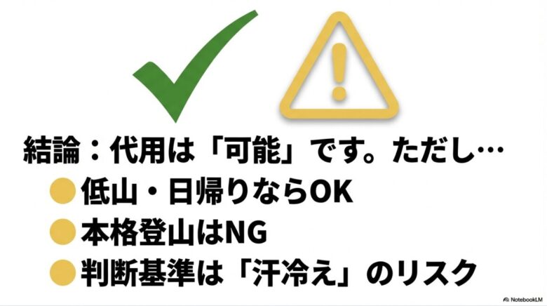 代用は可能だが、低山・日帰りならOK、本格登山はNG。判断基準は汗冷えのリスクであると説明する警告マーク付きのスライド