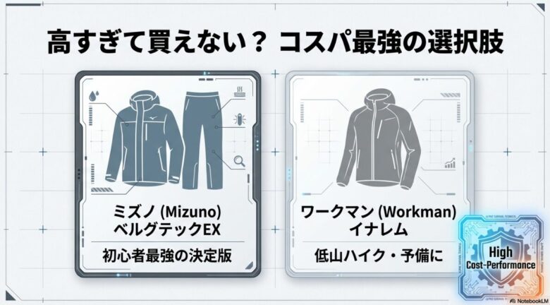 初心者の決定版であるミズノのベルグテックEXと、低山ハイクや予備に適したワークマンのイナレムを紹介するスライド。