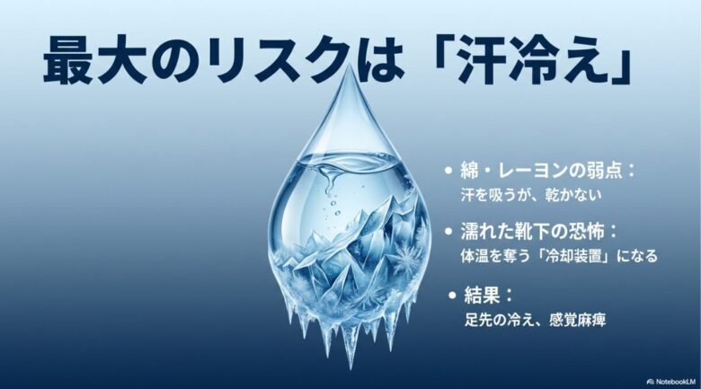 綿・レーヨンは汗を吸うが乾かないため、濡れた靴下が体温を奪う冷却装置になり、足先の冷えや感覚麻痺を招くリスクを説明するスライド。