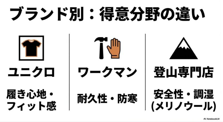 ユニクロ（履き心地・フィット感）、ワークマン（耐久性・防寒）、登山専門店（安全性・調湿・メリノウール）の得意分野を比較した図解スライド。