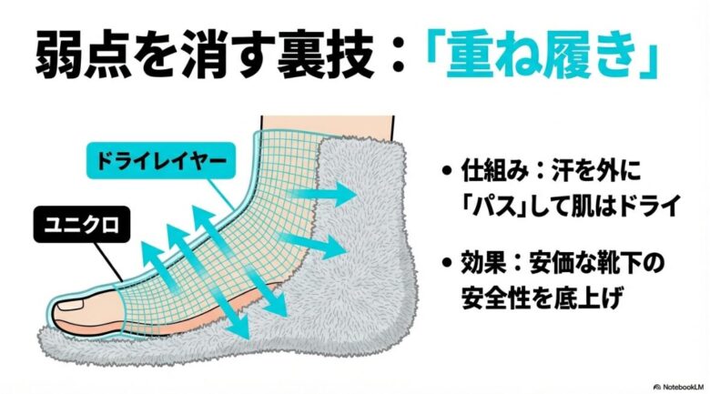 肌面にドライレイヤーを履き、その上にユニクロ靴下を重ねることで、汗を外にパスして肌をドライに保つ仕組みを示した断面イラストのスライド
