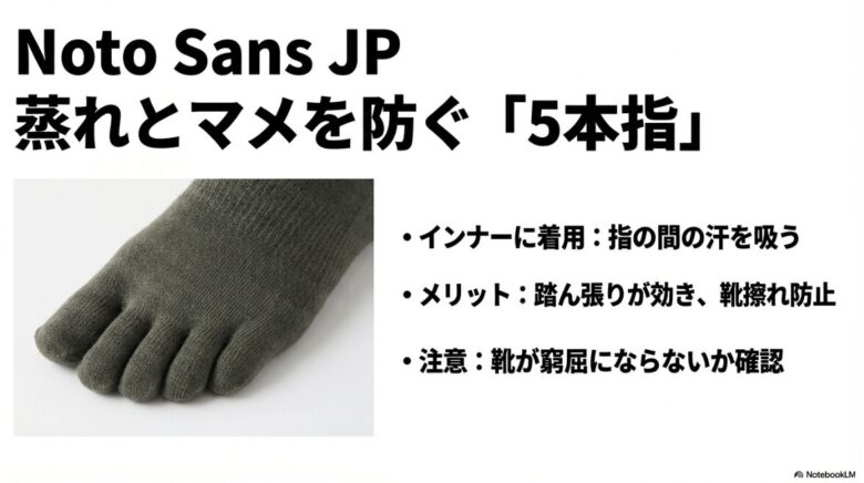 インナーに5本指ソックスを着用することで指の間の汗を吸い、踏ん張りが効き、靴擦れを防止するメリットを記載した足元の写真スライド。蒸れとマメを防ぐ5本指ソックス