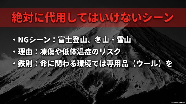 富士登山、冬山・雪山はNG。凍傷や低体温症のリスクがあるため、命に関わる環境では専用品のウールを選ぶべきという鉄則を記したスライド