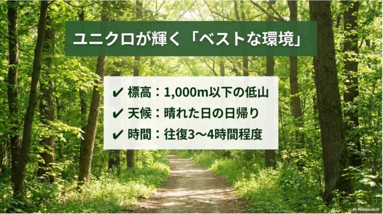 標高1,000m以下の低山、天候は晴れた日の日帰り、時間は往復3〜4時間程度という代用可能な条件をまとめた表形式のスライド