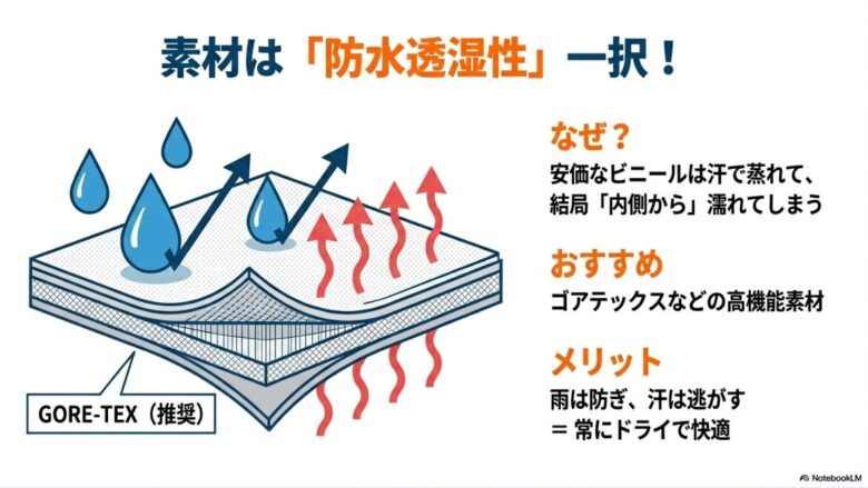 外からの雨は防ぎつつ、内側の汗による水蒸気だけを外に逃がす防水透湿素材の仕組みを示した断面図。