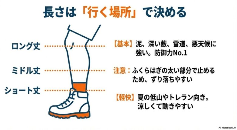 足首を覆うショート丈、ふくらはぎまでのミドル丈、膝下までのロング丈の保護範囲と、それぞれの適した使用シーンの解説図