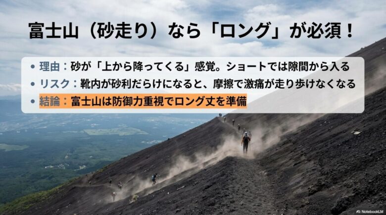 富士山の下山道（砂走り）で、上から降ってくる砂や砂利から足を守るためにロング丈が必須である理由の説明。