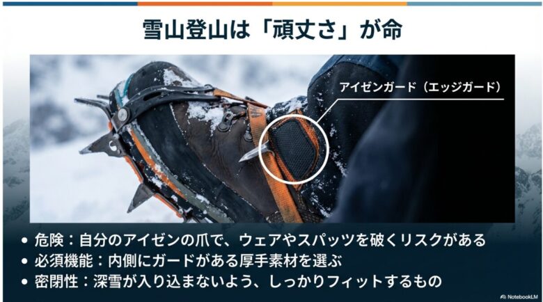 雪山登山で自分のアイゼンの爪からウェアを保護する、スパッツ内側の厚手補強パーツ（アイゼンガード）の拡大写真