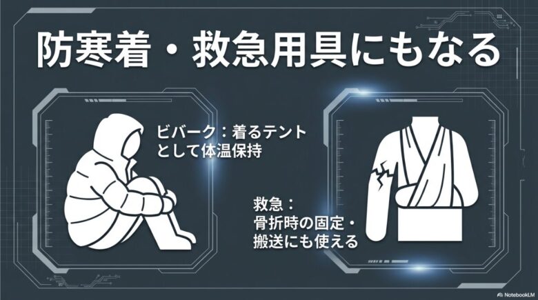 ビバーク時の体温保持(着るテント)や、骨折時の固定・搬送など、救急用具としての活用法を示す図解。