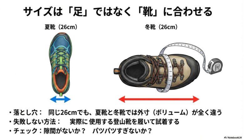 同じ足のサイズ（26cm）でも、夏靴と冬靴では外寸（ボリューム）が大きく異なることを示す比較図。