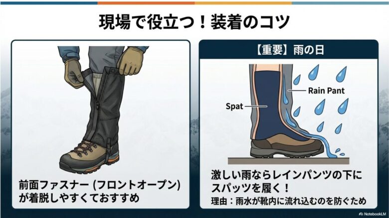 激しい雨の際、雨水が靴に流れ込むのを防ぐため、レインパンツの下にスパッツを履く様子を示した断面図