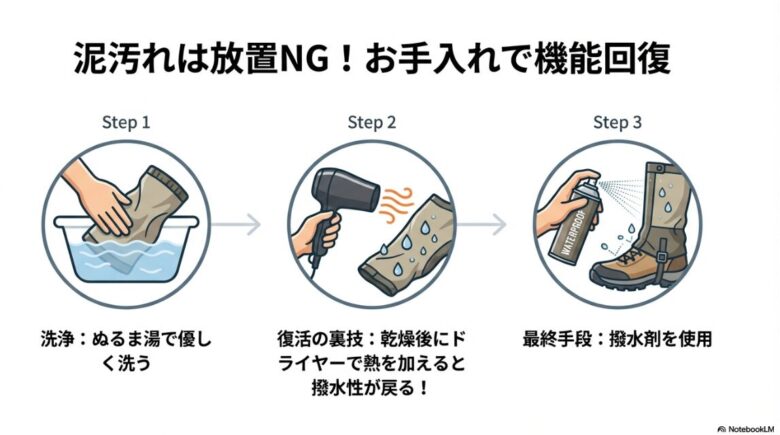 ぬるま湯での洗浄、ドライヤーによる熱処理、撥水剤の使用という3つのステップによるお手入れ方法のイラスト。