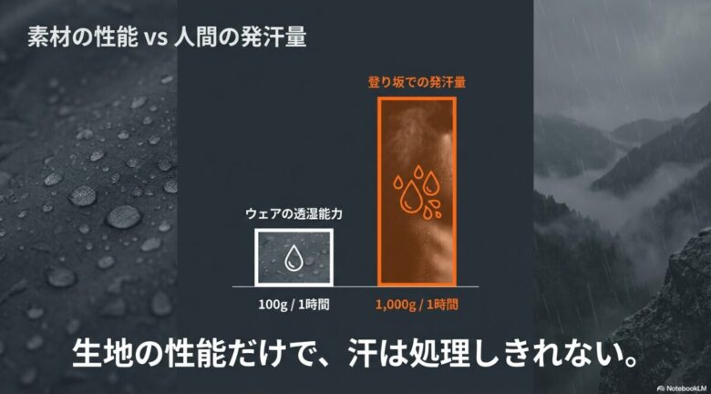 登り坂での発汗量1,000g/1時間に対し、ウェアの透湿能力が100g/1時間であることを示し、生地の性能だけでは汗を処理しきれないことを説明する図解。