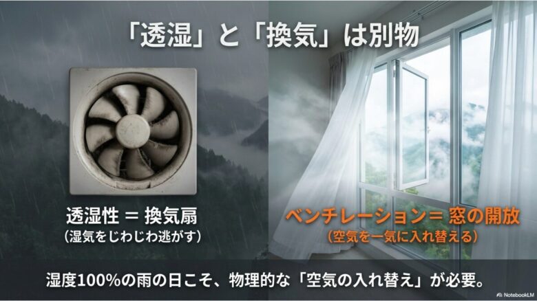 透湿性を「湿気をじわじわ逃がす換気扇」、ベンチレーションを「空気を一気に入れ替える窓の開放」に例えたイメージ画像。