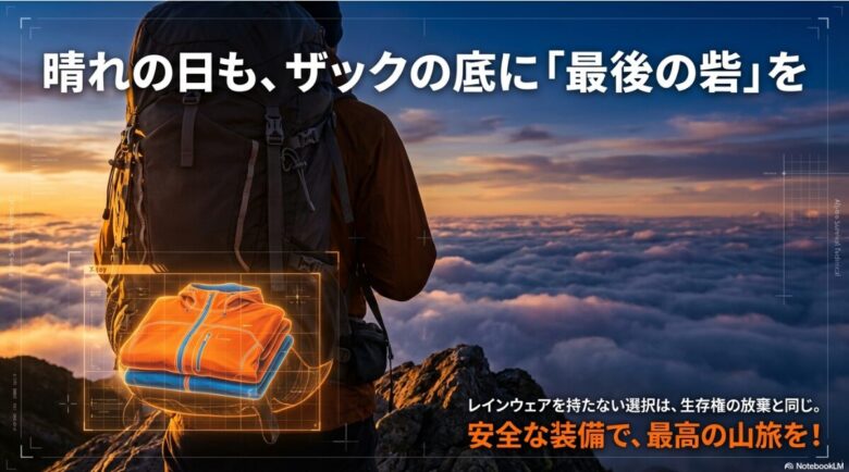 レインウェアを持たない選択は生存権の放棄と同じであるという強いメッセージと、安全な装備で最高の山旅を勧める結びのスライド