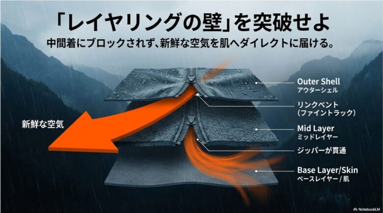 アウターシェル、ミッドレイヤー、ベースレイヤーのジッパーが同じ位置に貫通し、新鮮な空気を肌へダイレクトに届けるリンクベントの構造図。