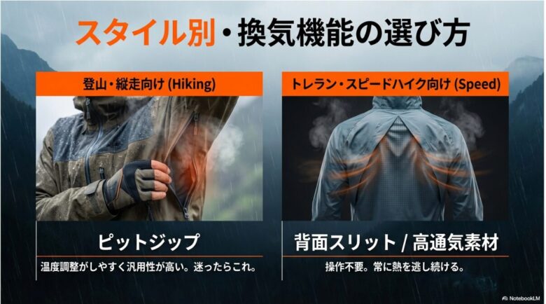 一般登山向けには汎用性の高いピットジップ、トレラン向けには操作不要な背面スリットや高通気素材が適していることを示す比較表。