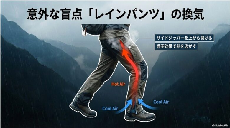 サイドジッパーを上から開けることで、下から入った冷たい空気が熱を連れて上から抜けていく「煙突効果」を説明する写真。