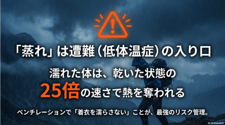 濡れた体は乾いた状態の25倍の速さで熱を奪われることを示し、ベンチレーションで着衣を濡らさないことが最強のリスク管理であると強調するスライド。