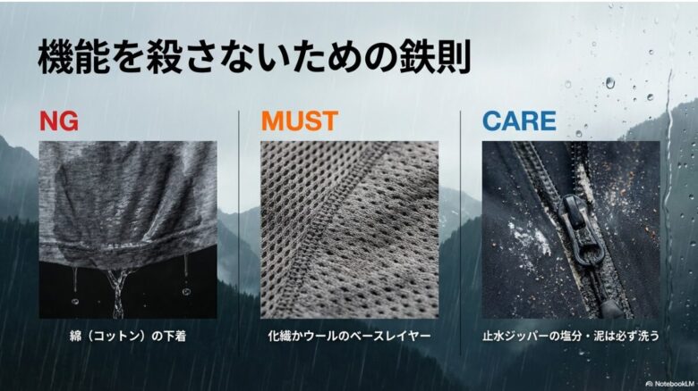 コットン下着はNG、化繊かウールのベースレイヤーがMUST、止水ジッパーの塩分・泥汚れの洗浄がCAREであることを示す3枚の比較写真