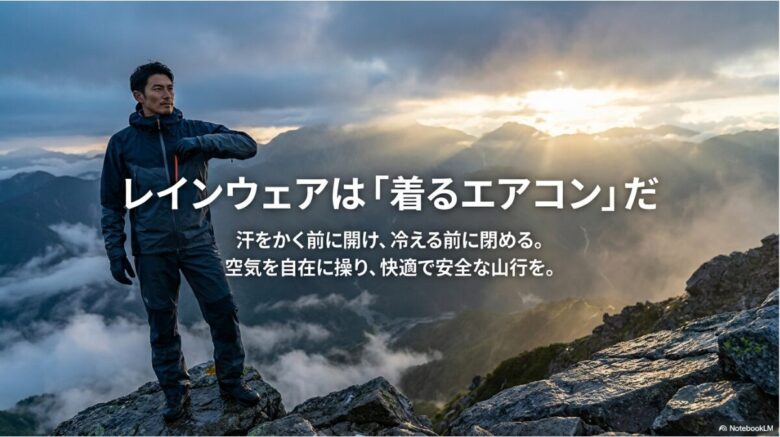 汗をかく前に開け、冷える前に閉めることで空気を自在に操り、安全な山行を目指すというメッセージが書かれた結びのスライド。
