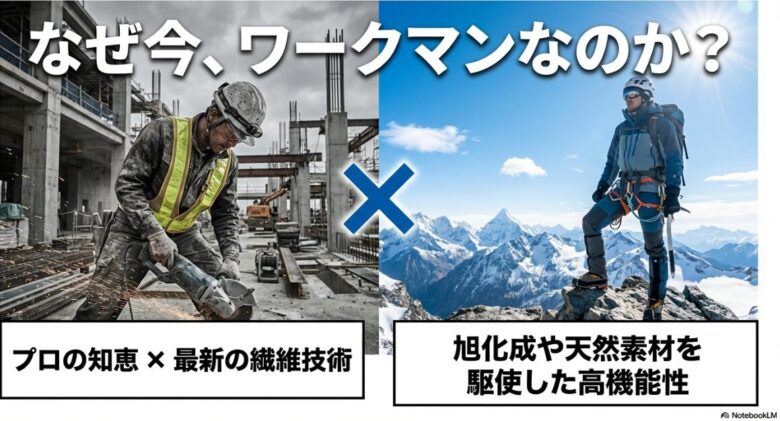 工事現場で働くプロの知恵と最新の繊維技術、アウトドアフィールドが融合するイメージ図。
