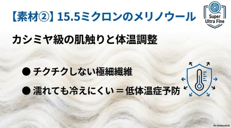 15.5ミクロンの極細繊維メリノウールの解説。チクチクせず、濡れても冷えにくい低体温症予防の効果を示すイラスト