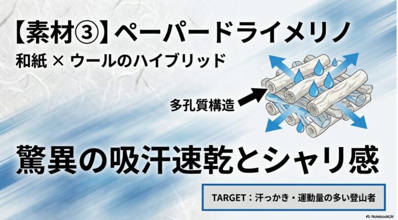 和紙の多孔質構造を活かした吸汗速乾性能の概念図。汗っかきや運動量の多い登山者に適していることを示す。