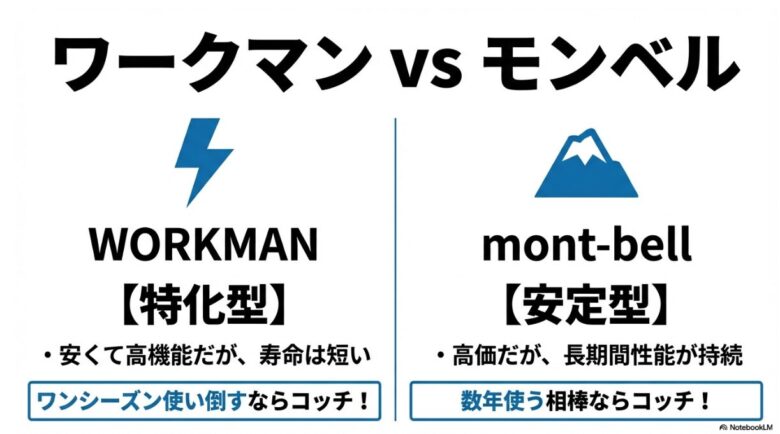 特化型のワークマン（安価・短寿命）と安定型のモンベル（高価・長寿命）を比較し、用途に合わせた選び方を提案する図。
