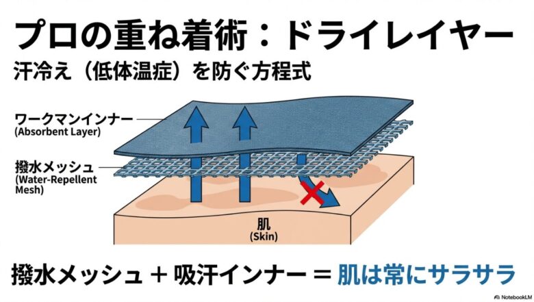 撥水メッシュ（ドライレイヤー）と吸汗インナー（ベースレイヤー）を重ねることで、肌を常にサラサラに保つ方程式の図解。