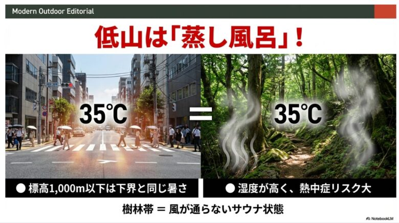 街中（下界）の35度と標高1,000m以下の山の35度を比較した画像。山は湿度が高く風が通らないため「蒸し風呂」や「サウナ状態」になり、熱中症リスクが大きいことを説明している。