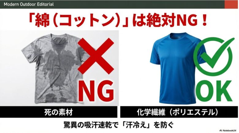 汗で濡れて重くなったグレーのTシャツに赤い大きな「×」と「NG」の文字。綿（コットン）は乾きにくく汗冷えを招く「死の素材」であることを警告している