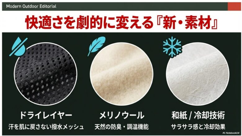 撥水メッシュのドライレイヤー、天然防臭のメリノウール、冷却効果のある和紙の拡大写真。これらが登山の快適さを劇的に変える新素材として紹介されている