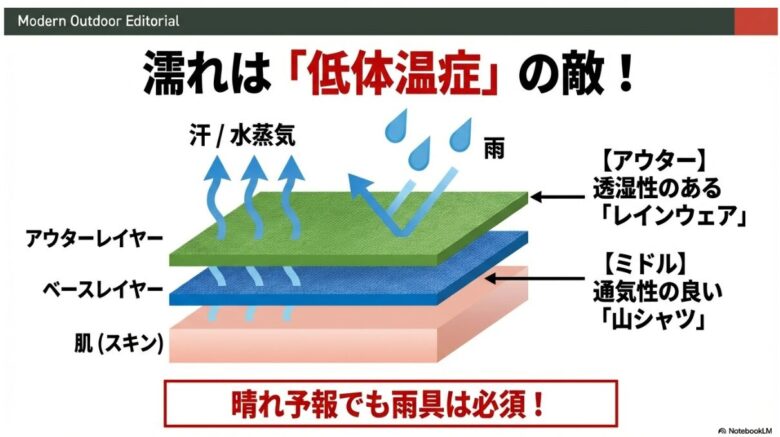 肌、ベースレイヤー、ミドルレイヤー（山シャツ）、アウターレイヤー（レインウェア）の重なりと、汗や雨の動きを図解したレイヤリングの仕組み図