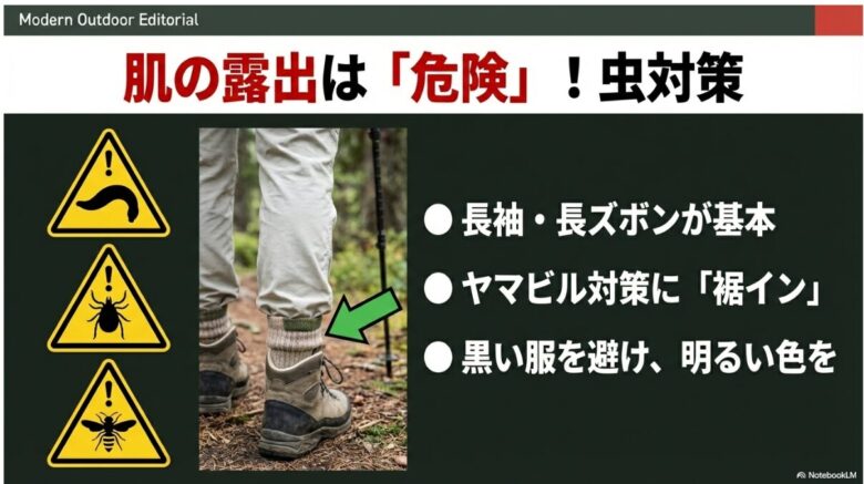 ヒル、ダニ、ハチの警告アイコンと、登山の足元の写真に「裾イン」を指示する矢印があり、「長袖・長ズボンが基本」「明るい色を」と書かれた防虫対策スライド