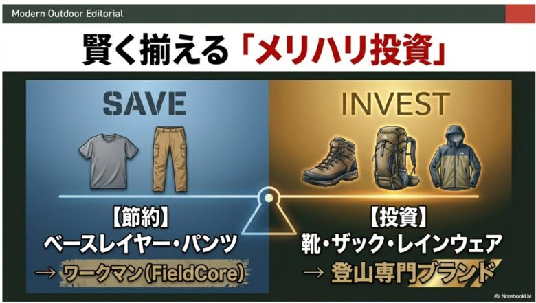 ウェアやパンツなどの「節約（ワークマン）」アイテムと、靴・ザック・レインウェアの「投資（専門ブランド）」アイテムを分ける考え方を示したイラスト