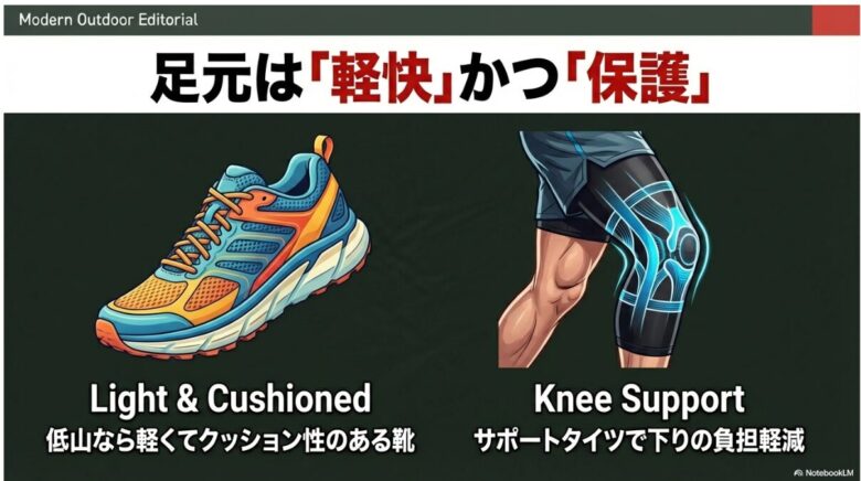クッション性の高いシューズのイラストと、膝をサポートするタイツのイラストが並び、「足元は軽快かつ保護」と書かれたスライド