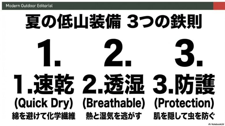 「1.速乾（綿を避ける）」「2.透湿（熱と湿気を逃がす）」「3.防護（肌を隠す）」という、夏の低山装備で守るべき3つの重要ポイントをまとめたスライド