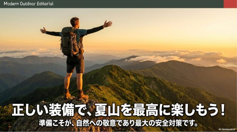 「正しい装備で、夏山を最高に楽しもう！ 準備こそが、自然への敬意であり最大の安全対策です。」というメッセージが書かれた、青空と山の景色の画像。