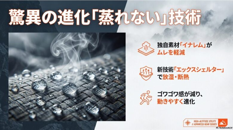 独自素材イナレムによるムレ軽減、新技術エックスシェルターによる放湿・断熱、動きやすさの進化について説明するスライド。